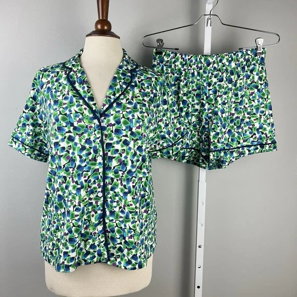House of Silk Pajama Set Womens EU 38 US M Shorts & Top Green Blue Abstract - Picture 1 of 6